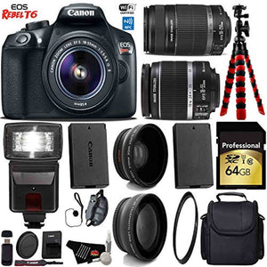 Canon EOS Rebel T6 DSLR Camera 18-55mm is Lens & 55-250mm is II Lens + Flash + UV FLD CPL Filter Kit + Wide Angle & Tele Canon