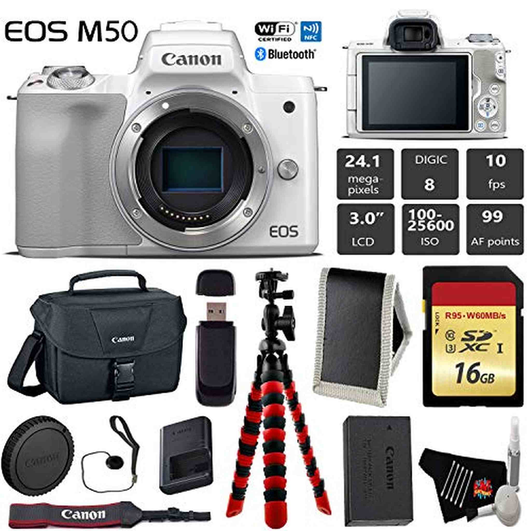 Canon EOS M50 Mirrorless Digital Camera White, Body Only + 16GB Class 10 Memory Card + Canon Camera Case + Flexible Tr