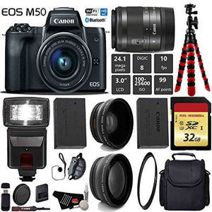 Canon EOS M50 Mirrorless Digital Camera with 15-45mm Lens + Flash + UV FLD CPL Filter Kit + Wide Angle & Telephoto Lens Canon
