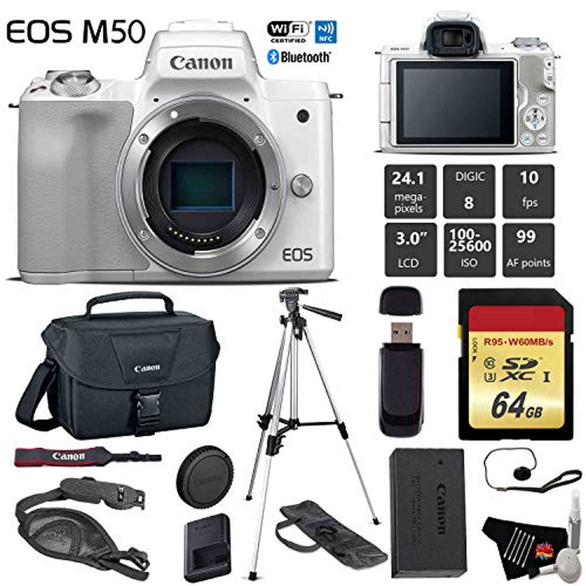 Canon EOS M50 Mirrorless Digital Camera White, Body Only + 64GB Class 10 Memory Card + Canon Camera Case + Full Size T