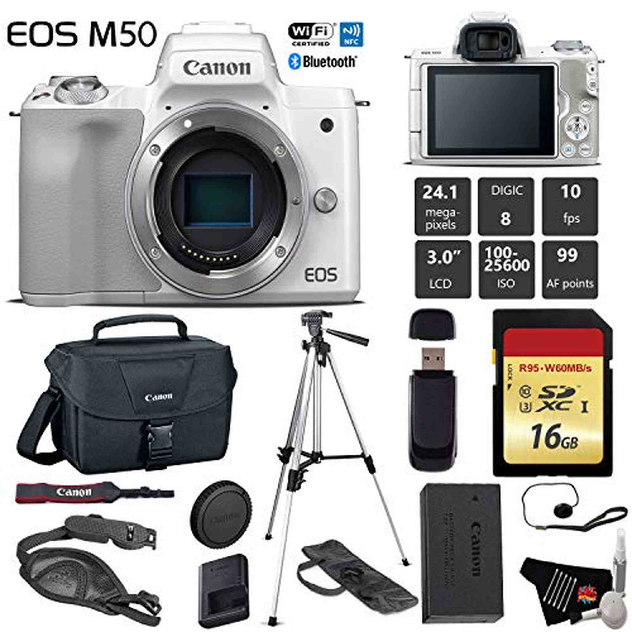 Canon EOS M50 Mirrorless Digital Camera White, Body Only + 16GB Class 10 Memory Card + Canon Camera Case + Full Size T