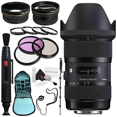 Sigma 18-35mm f/1.8 DC HSM Art Lens for Nikon # 210-306 + 72mm 3 Piece Filter Kit + Lens Pen Cleaner + 70in Monopod Bundle