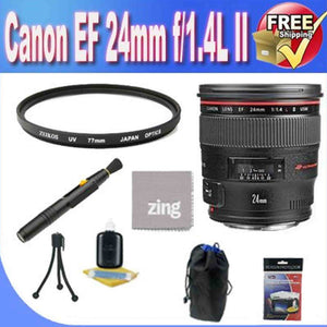 Canon EF 24mm f/1.4 L USM II Wide Angle Lens + UV Filter + Lens Case + Zing MicroFiber Cleaning Cloth + Lens Pen Cleaner + Lens Accessory Saver Bundle Canon