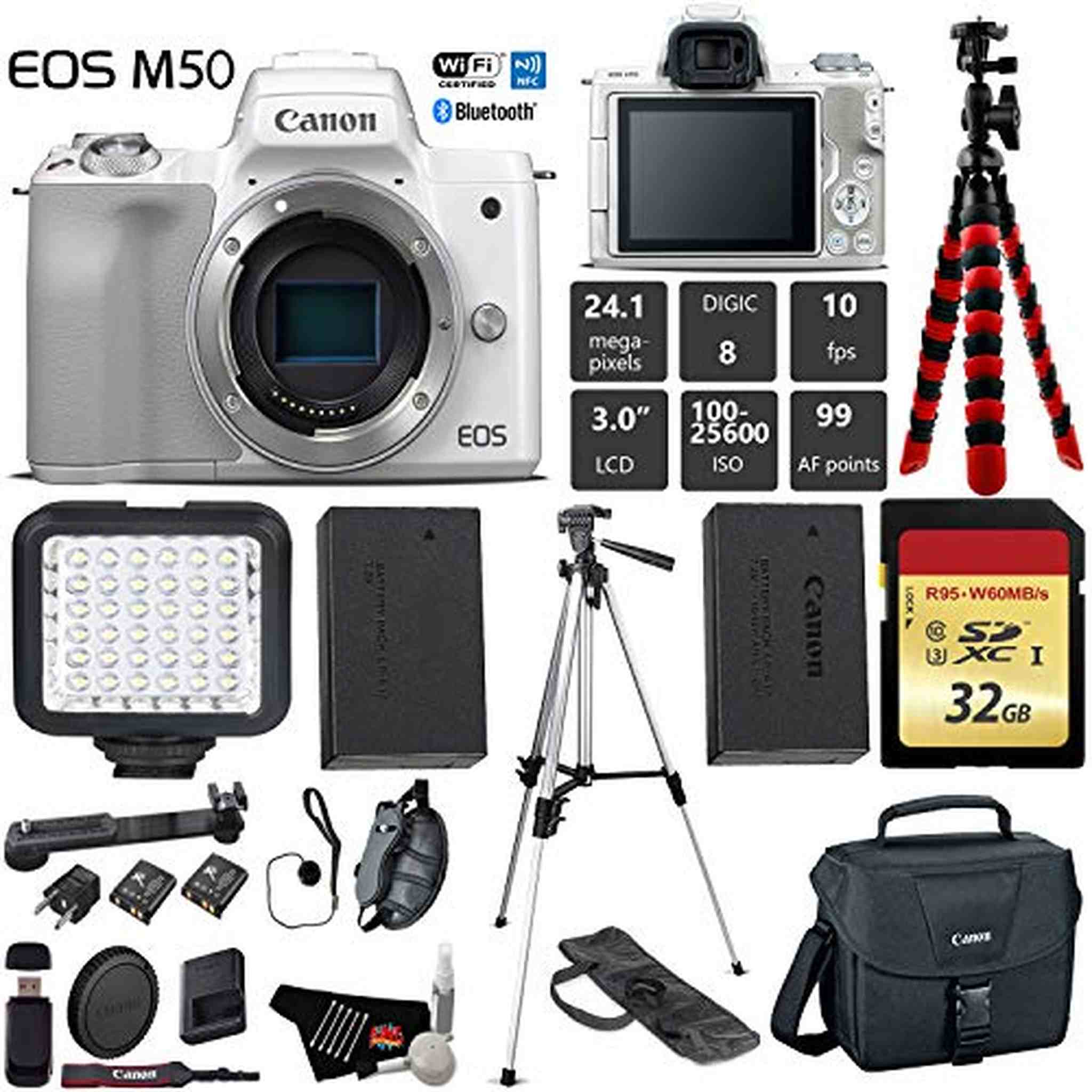 Canon EOS M50 Mirrorless Digital Camera White, Body Only + 32GB Class 10 Memory Card + LED + Canon Camera Case + Flexi