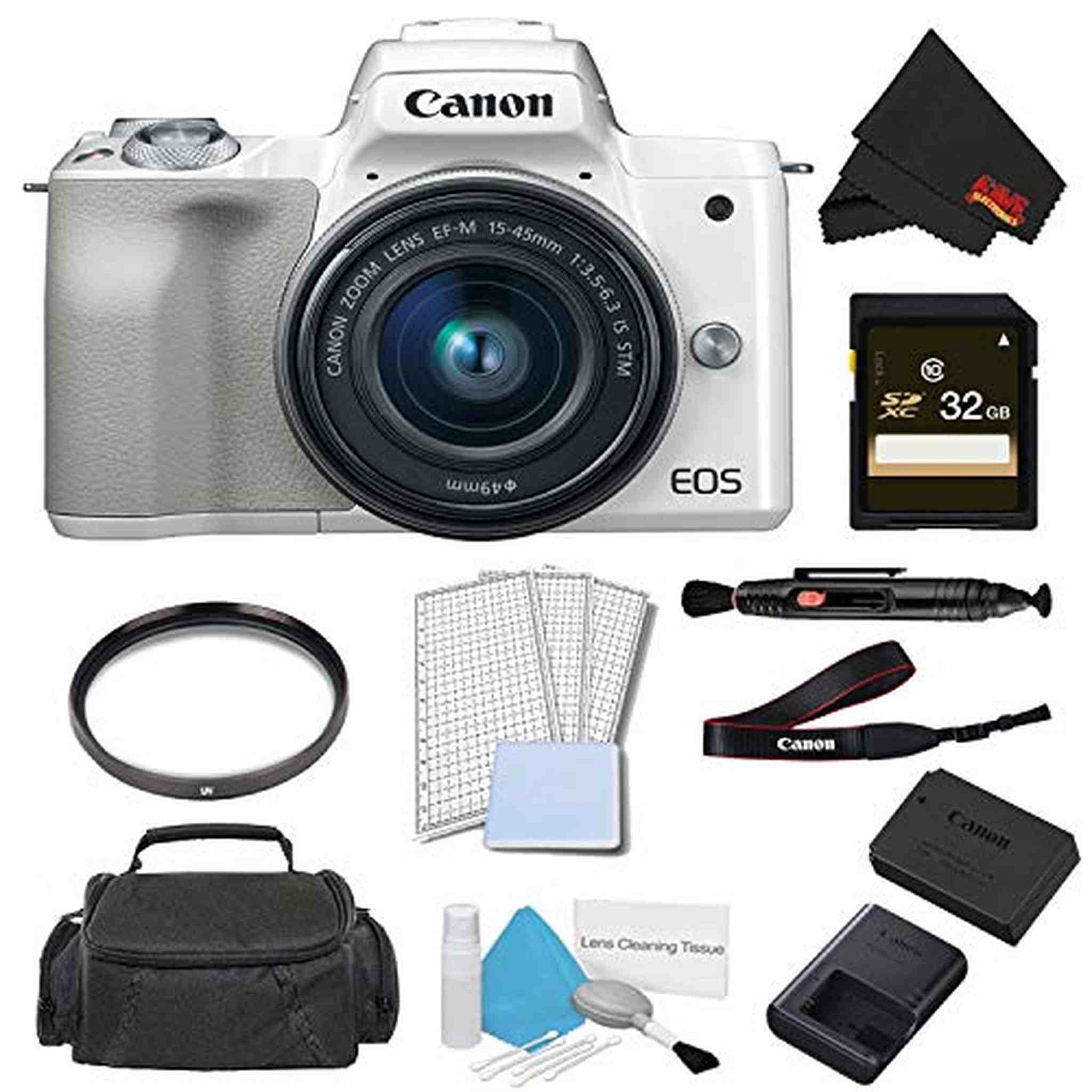 Canon EOS M50 Mirrorless Digital Camera with 15-45mm Lens White Advanced Bundle w/ 32GB Memory Card - International Mo