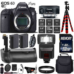 Canon EOS 6D DSLR Camera with 24mm f/2.8 STM Lens + Professional Battery Grip + UV Protection Filter + Flash + Extra Bat Canon