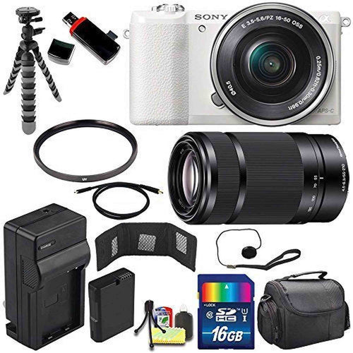 Sony Alpha a5100 Mirrorless Digital Camera with 16-50mm Lens (White) + Sony E 55-210mm f/4.5-6.3 OSS E-Mount Lens 16GB Bundle