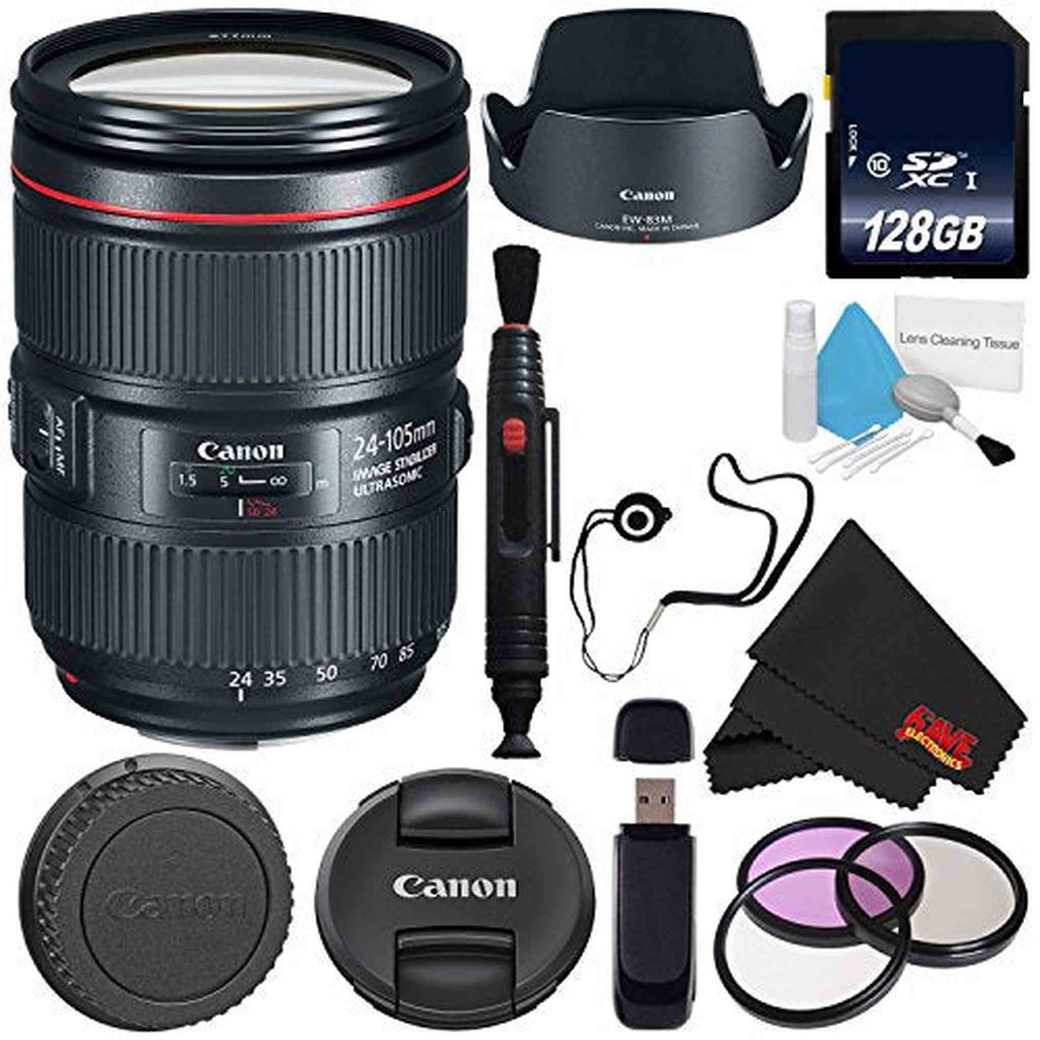 6Ave Canon EF 24-105mm f/4L IS II USM Lens 1380C002 White Box + 77mm 3 Piece Filter Kit + 128GB SDXC Class 10 Memory Card + SD Card USB Reader +