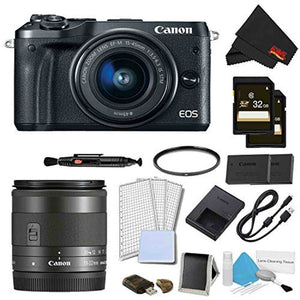 Canon EOS M6 Mirrorless Digital Camera with 15-45mm Lens Black Pro Bundle w/Bonus EF-M 11-22MM Lens - International Mo Canon