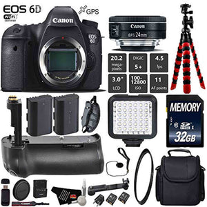 Canon EOS 6D DSLR Camera with 24mm f/2.8 STM Lens + Professional Battery Grip + UV Protection Filter + LED Kit + Extra B Canon