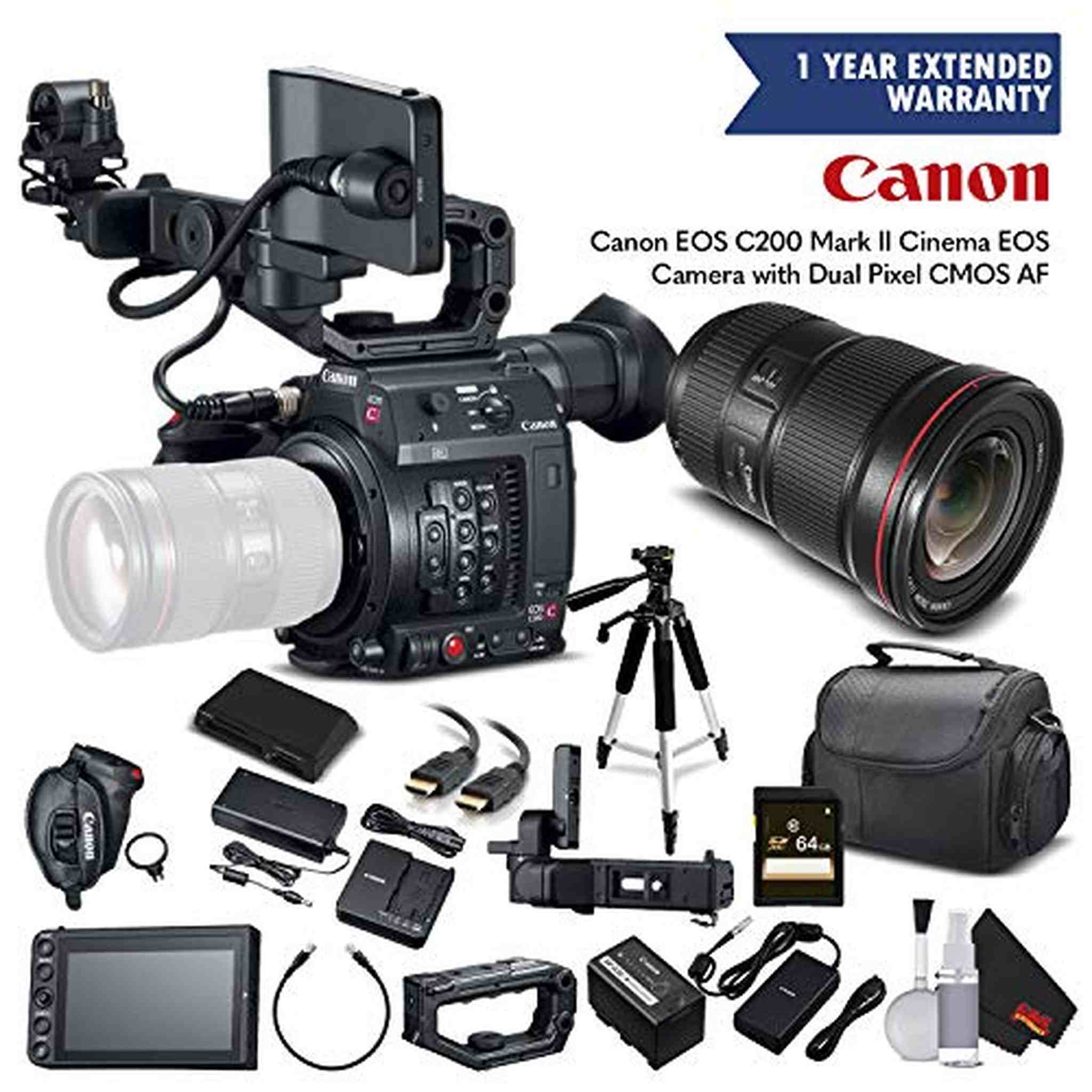 Canon EOS C200 Cinema Camera 2215C002 & 16-35mm f/2.8L II USM Lens with Memory Card, Case, Tripod, and Extended Warranty