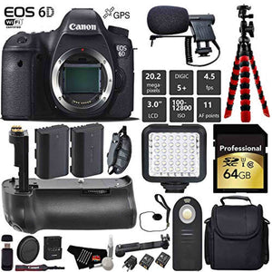 Canon EOS 6D DSLR Camera Body Only + Professional Battery Grip + Condenser Microphone + LED Kit + Extra Battery + Case Canon