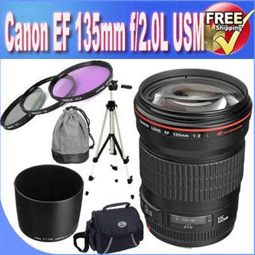 Canon EF 135mm f/2L USM Lens for Canon SLR Cameras + 72mm 3 Piece Professional Filter Kit + Professional Full Size Tripod + Shock Proof Deluxe SLR Case + Lens & Camera Cleaning Kit!!!