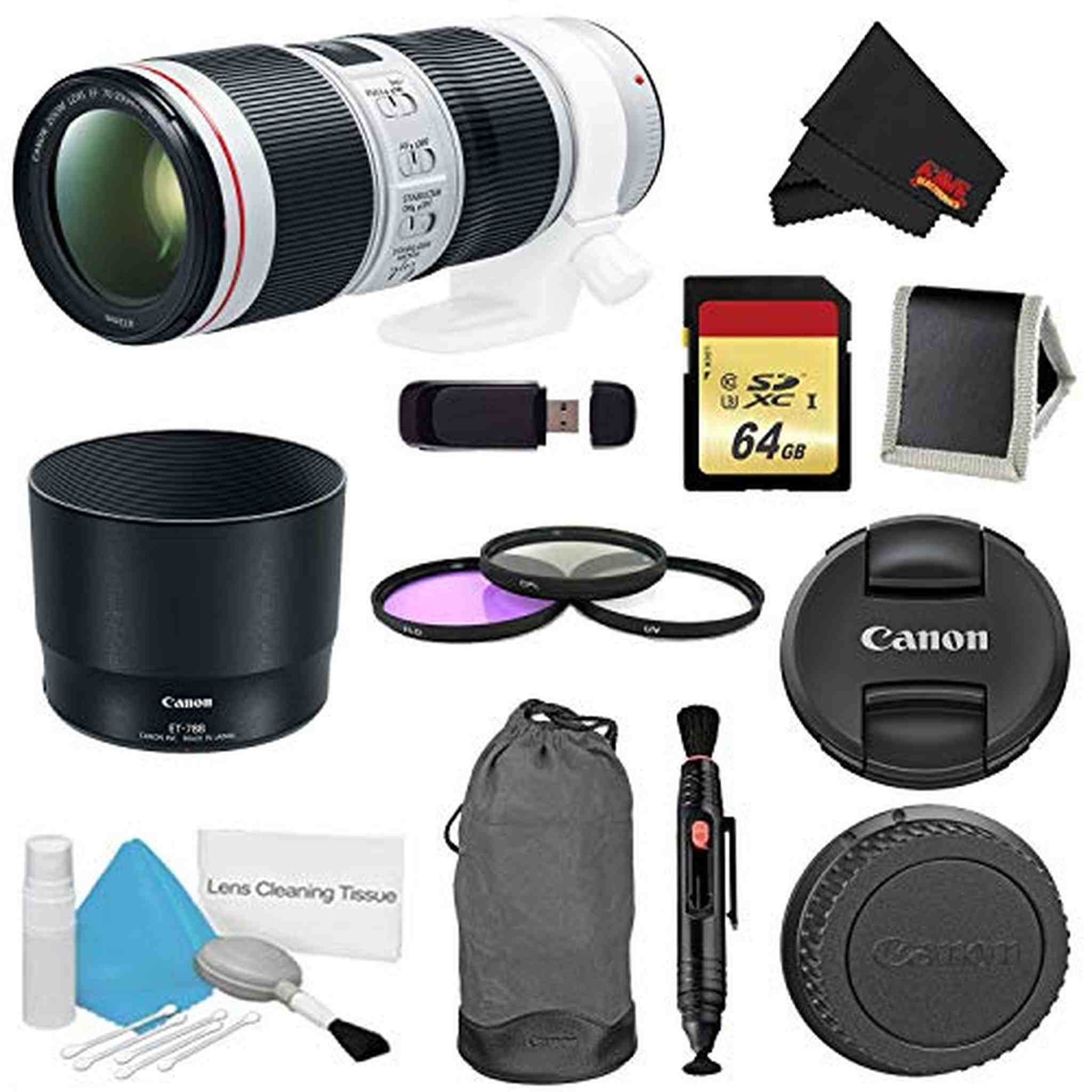 Canon EF 70-200mm f/4L is II USM Lens Bundle w/ 64GB Memory Card + Accessories 3 Piece Filter Kit International Model Canon