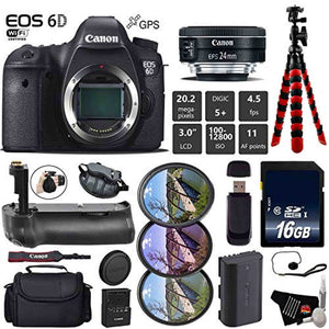 Canon EOS 6D DSLR Camera with 24mm f/2.8 STM Lens + Professional Battery Grip + UV FLD CPL Filter Kit + Case + Wrist Str Canon