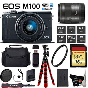 Canon EOS M100 Mirrorless Digital Camera Black with 15-45mm Lens + Flexible Tripod + UV Protection Filter + Profession