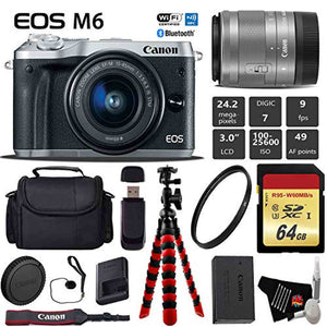 Canon EOS M6 Mirrorless Digital Camera Silver with EF-M 15-45mm is STM Lens + Flexible Tripod + UV Protection Filter + Canon
