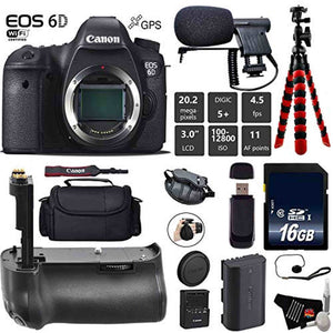 Canon EOS 6D DSLR Camera Body Only + Professional Battery Grip + Condenser Microphone + Case + Wrist Strap + Tripod + Canon