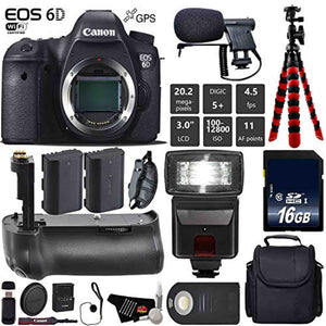 Canon EOS 6D DSLR Camera Body Only + Professional Battery Grip + Condenser Microphone + Flash + Extra Battery + Case + Canon