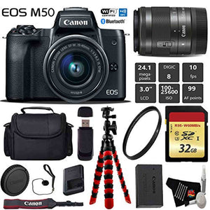 Canon EOS M50 Mirrorless Digital Camera with 15-45mm Lens + Flexible Tripod + UV Protection Filter + Professional Case + Canon