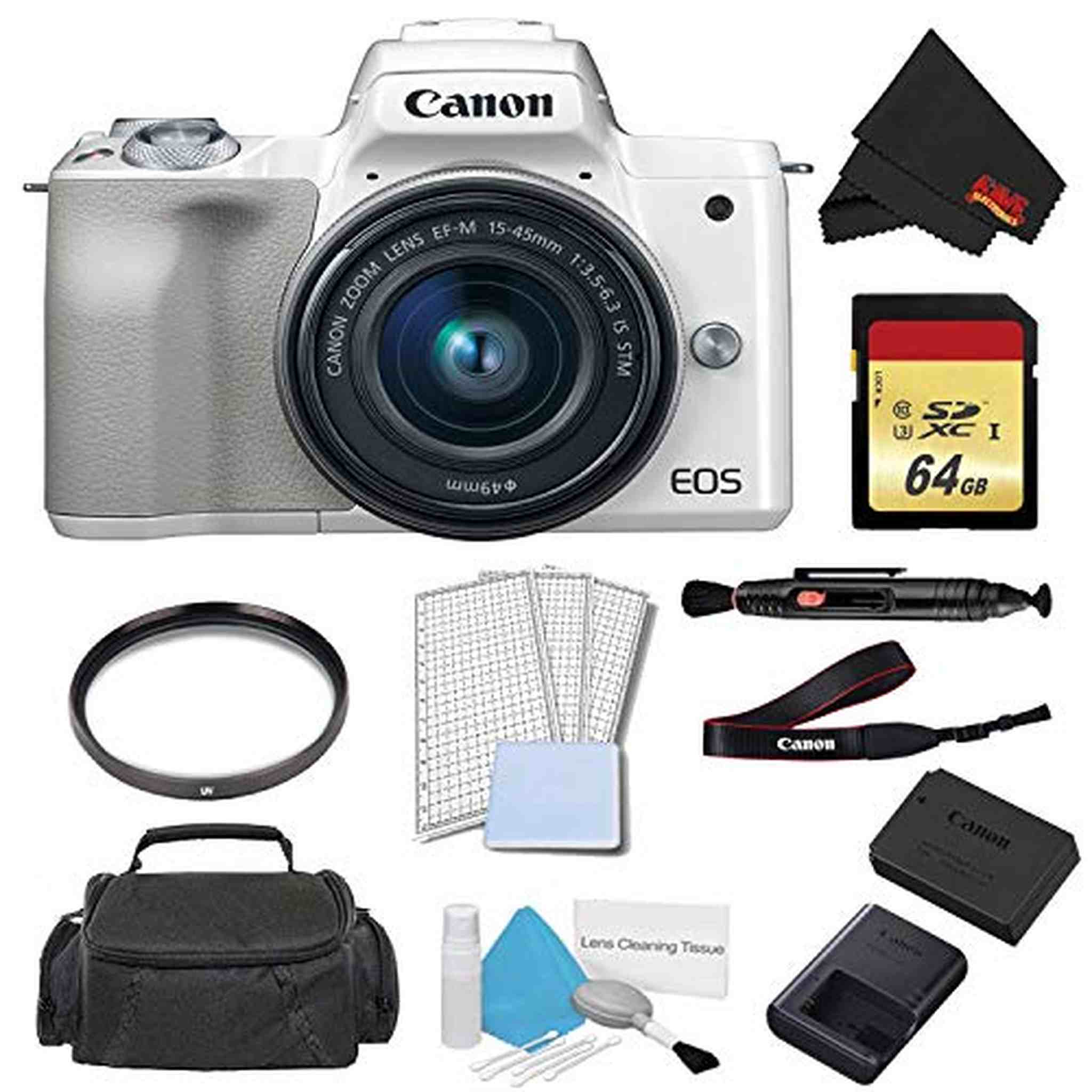 Canon EOS M50 Mirrorless Digital Camera with 15-45mm Lens White Advanced Bundle w/ 64GB Memory Card - International Mo