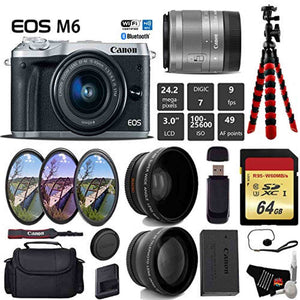 Canon EOS M6 Mirrorless Digital Camera Silver with EF-M 15-45mm is STM Lens + UV FLD CPL Filter Kit + Wide Angle & Tel Canon