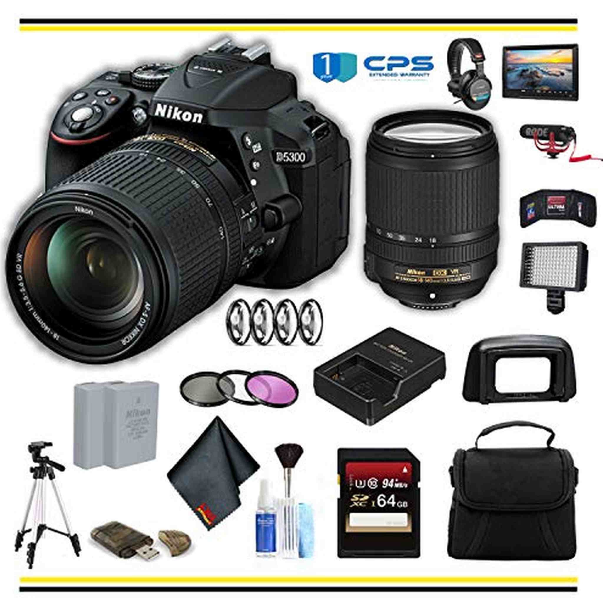 Nikon D5300 DSLR Camera with 18-140mm Lens 13303 Professional Bundle W/Bag, Extra Battery, LED Light, Mic, Filters, Tr Nikon