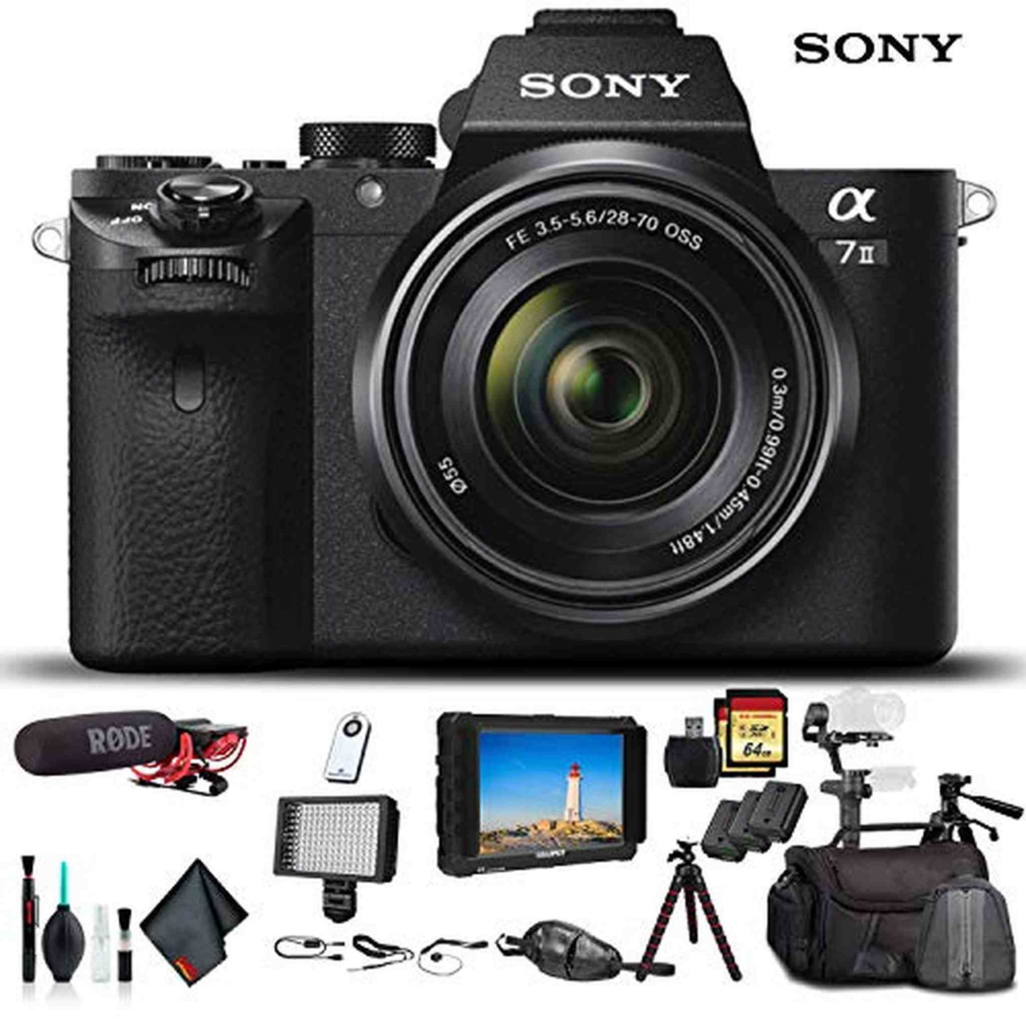 Sony Alpha a7 II Mirrorless Camera W/ FE 28-70mm f/3.5-5.6 OSS Lens W/ Soft Bag, Zhiyun-Tech WEEBILL Stabilizer, 2x Extra Batteries, Rode Mic, Light, 2x 64GB Memory Cards, External Monitor and More