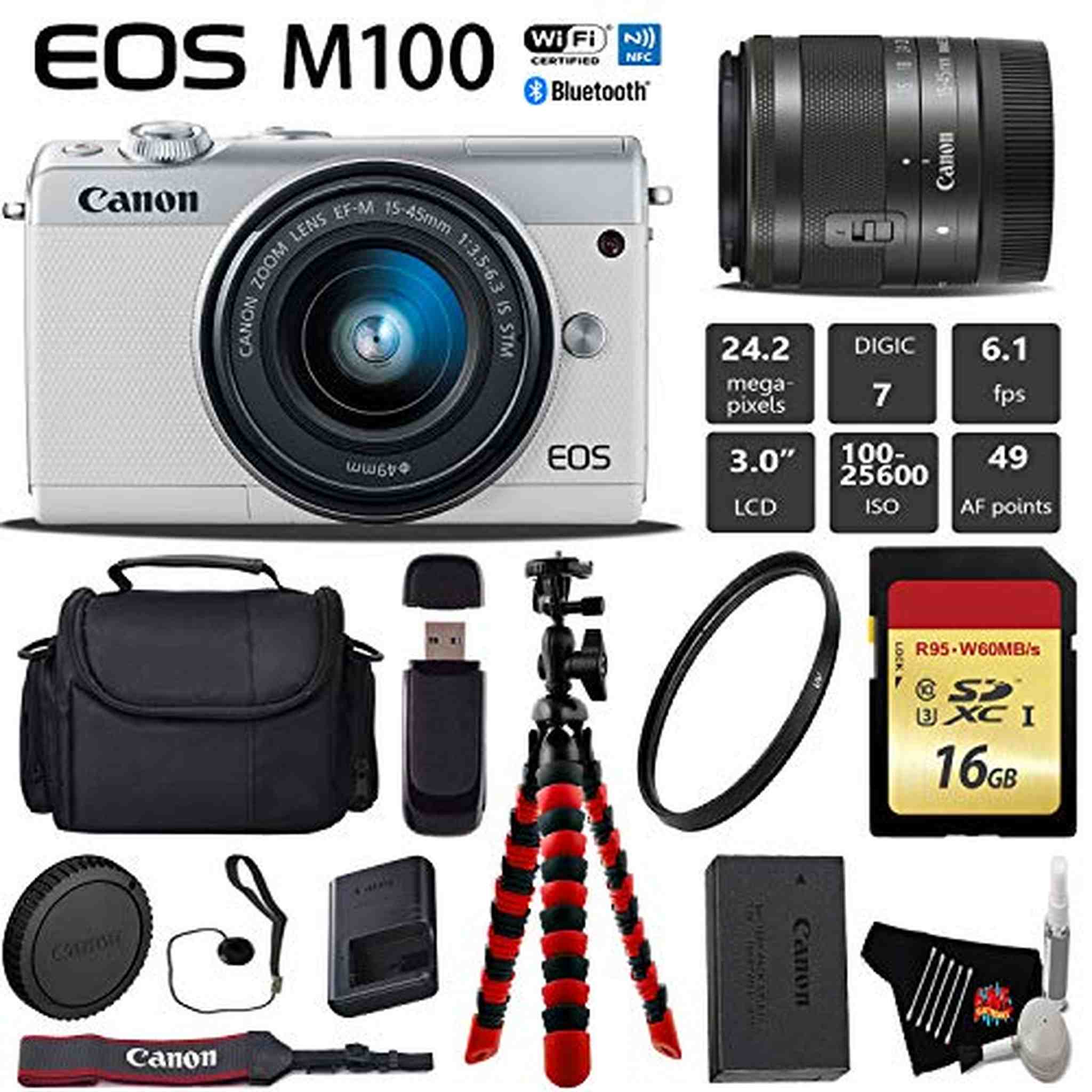 Canon EOS M100 Mirrorless Digital Camera White with 15-45mm Lens All You Need Bundle
