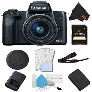 Canon EOS M50 Mirrorless Digital Camera with 15-45mm Lens Black Basic Bundle w/ 32GB Memory Card - International Model Canon