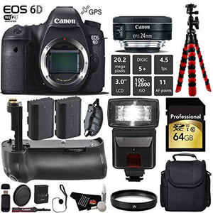 Canon EOS 6D DSLR Camera with 24mm f/2.8 STM Lens + Professional Battery Grip + UV Protection Filter + Flash + Extra Bat Canon