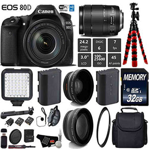 Canon EOS 80D DSLR Camera with 18-135mm is STM Lens + LED + UV FLD CPL Filter Kit + Wide Angle & Telephoto Lens + Camera Starter Bundle Canon