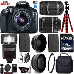 Canon EOS Rebel T6 DSLR Camera 18-55mm is Lens & 55-250mm is II Lens + Flash + UV FLD CPL Filter Kit + Wide Angle & Tele Canon
