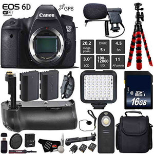 Canon EOS 6D DSLR Camera Body Only + Professional Battery Grip + Condenser Microphone + LED Kit + Extra Battery + Case Canon