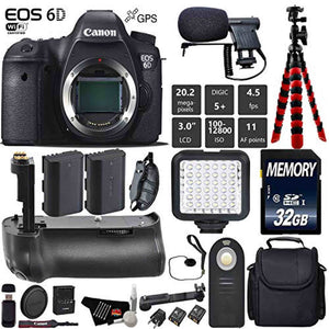 Canon EOS 6D DSLR Camera Body Only + Professional Battery Grip + Condenser Microphone + LED Kit + Extra Battery + Case Canon