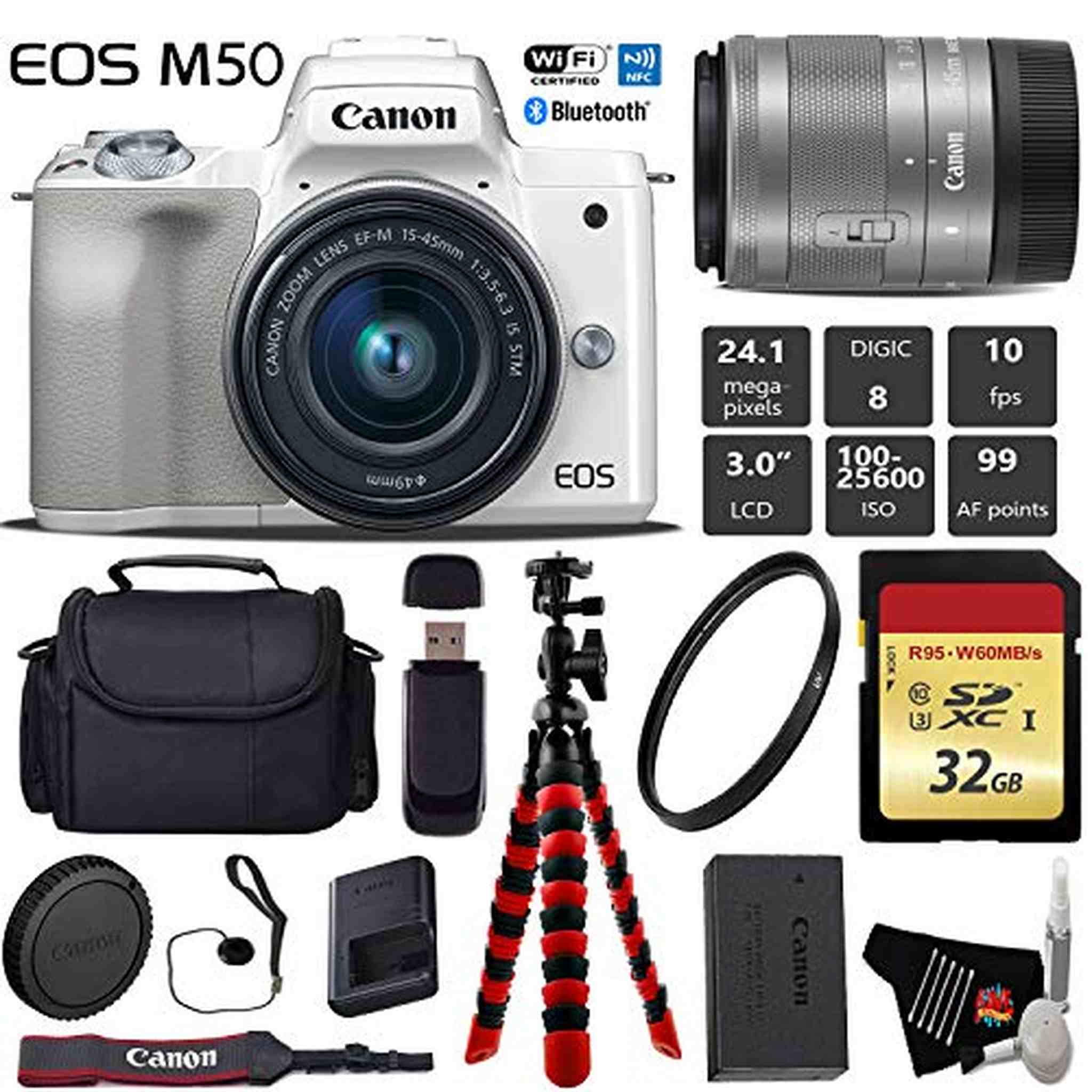 Canon EOS M50 Mirrorless Digital Camera White with 15-45mm Lens + Flexible Tripod + UV Protection Filter + Professiona