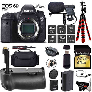 Canon EOS 6D DSLR Camera Body Only + Professional Battery Grip + Condenser Microphone + Case + Wrist Strap + Tripod + Canon