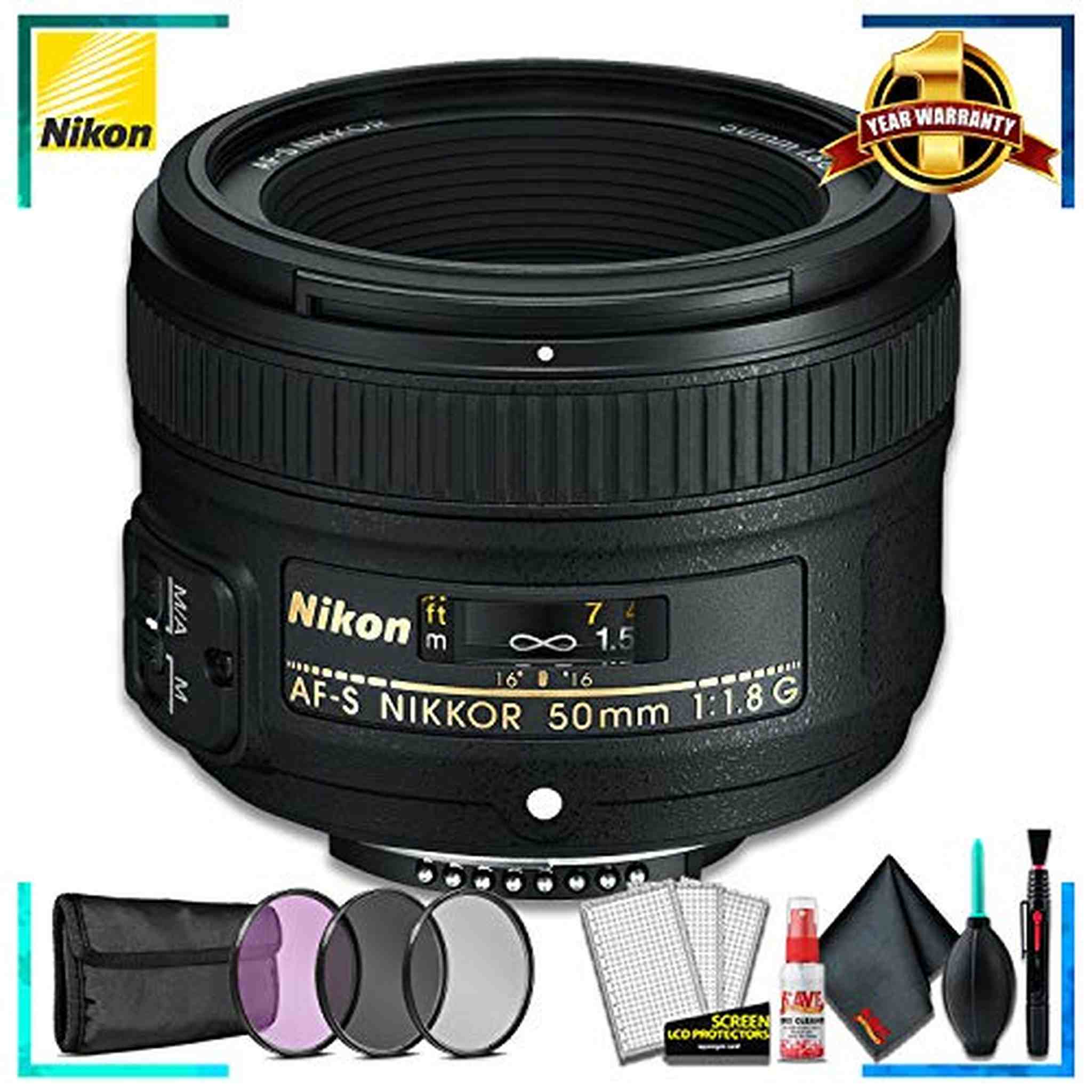 Nikon AF-S NIKKOR 50mm f/1.8G Camera Lens International Model + 3 Pcs Filter Kit + Cleaning Kit