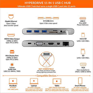HyperDrive USB C Hub, Type C Adapter for MacBook Pro, Laptop USB-C Devices, Ultimate 11-in-1 Surface PC Docking Station w Power Delivery Charging, USBC 5Gbps Data, 4K HDMI, 3xUSB 3.1 Ports, VGA, etc - Used