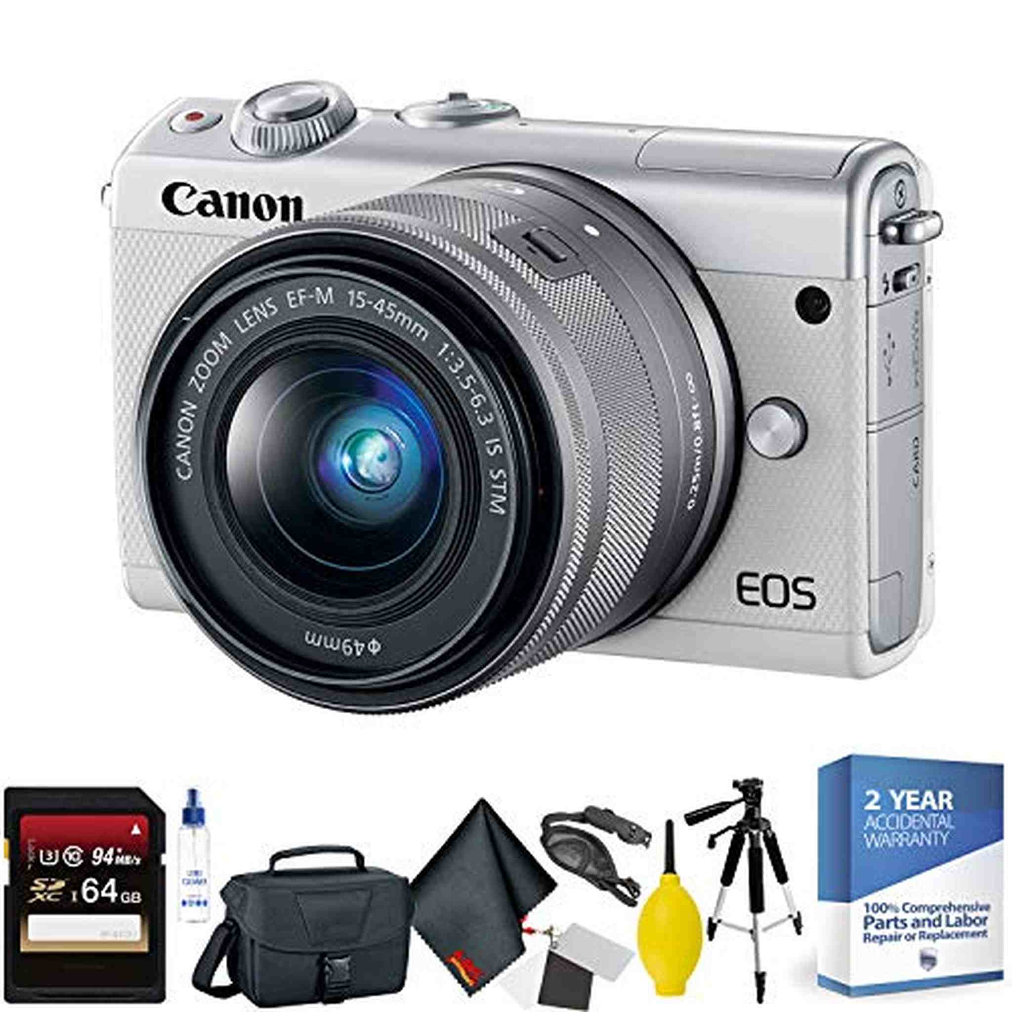 Canon EOS M100 Mirrorless Digital Camera with 15-45mm Lens White + 64GB Memory Card + Mega Accessory Kit + 2 Year Acci
