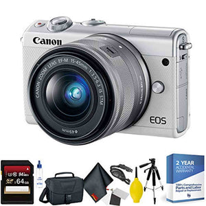 Canon EOS M100 Mirrorless Digital Camera with 15-45mm Lens White + 64GB Memory Card + Mega Accessory Kit + 2 Year Acci
