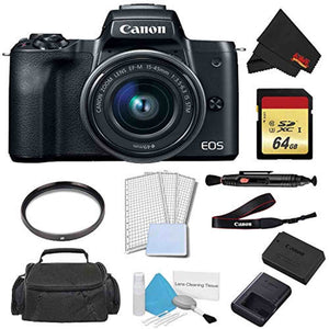 Canon EOS M50 Mirrorless Digital Camera with 15-45mm Lens Black Advanced Bundle w/ 64GB Memory Card - International Mo Canon