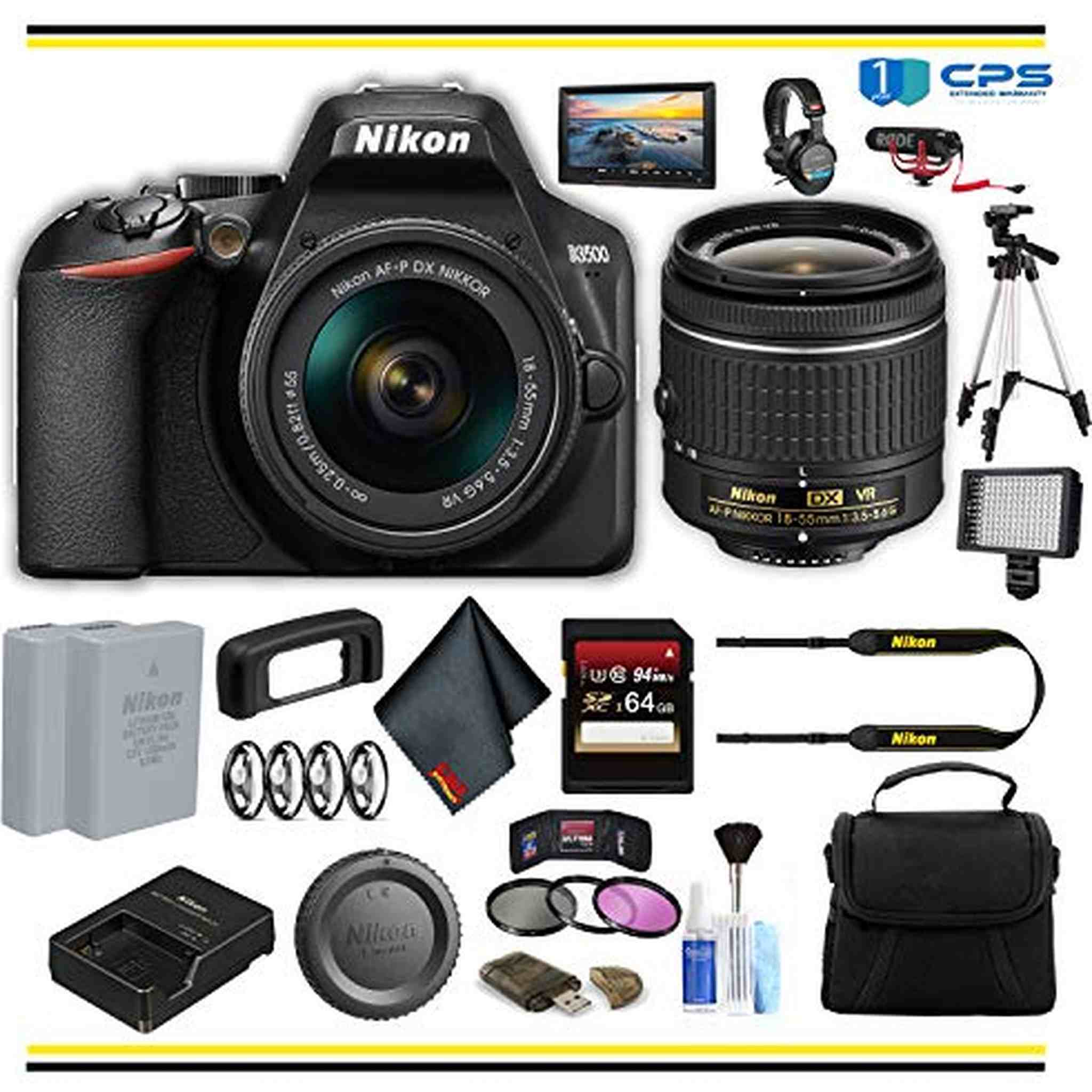 Nikon D3500 DSLR Camera with 18-55mm Lens 1590 Professional Bundle W/Bag, Extra Battery, LED Light, Mic, Filters, Tripod, Monitor and More Nikon