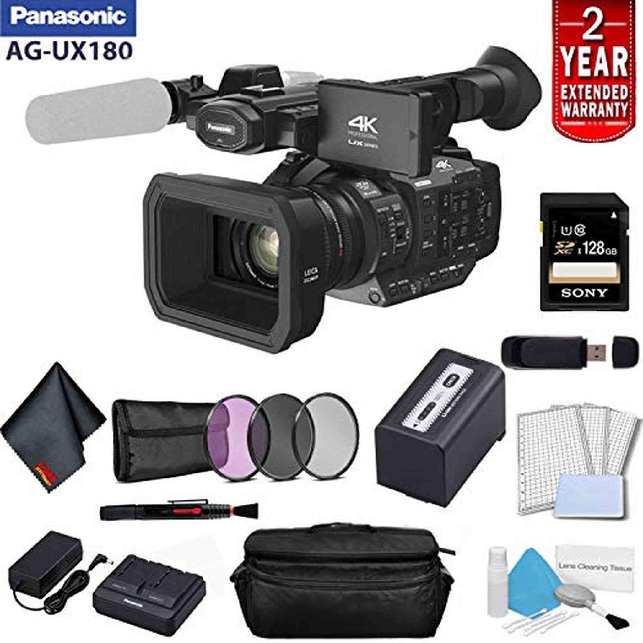 Panasonic AG-UX180 4K Premium Professional Camcorder Bundle with 2 Year Extended Warranty, Sony 128GB SDXC Memory Card +
