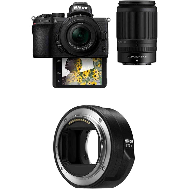 Nikon Z50 Compact Mirrorless Digital Camera, 2 Zoom Lens Kit NIKKOR Z DX 16-50mm f/3.5-6.3 VR & 50-250mm F/4.5-6.3 VR with Nikon Mount Adapter FTZ II