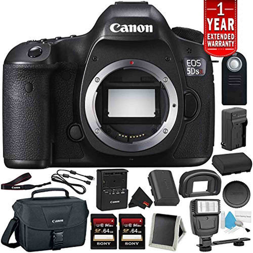 Canon EOS 5DS R Digital SLR Camera (Body Only)- Bundle with 2X 64GB Memory Cards + Spare Battery + Digital Slave Flash +