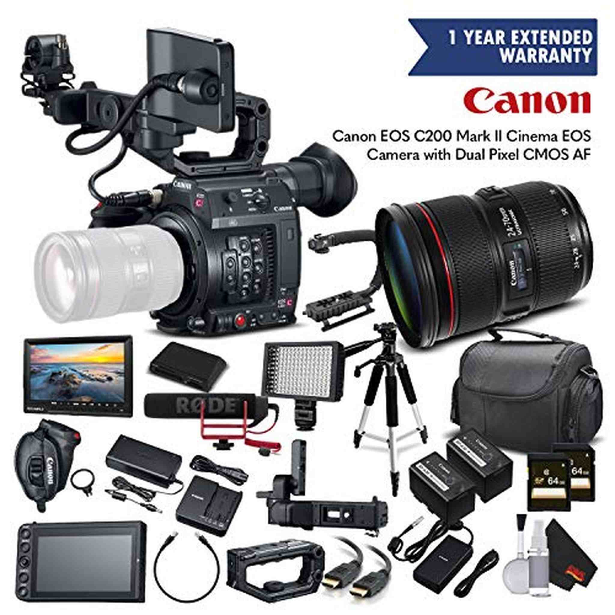 Canon EOS C200 Cinema Camera 2215C002 & 24-70mm f/2.8L II USM Lens with 2 Memory Cards, 2 Extra Batteries, Mic, Case, Le