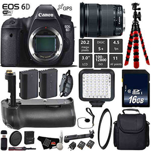Canon EOS 6D DSLR Camera with 24-105mm is STM Lens + Professional Battery Grip + UV Protection Filter + LED Kit + Extra Canon
