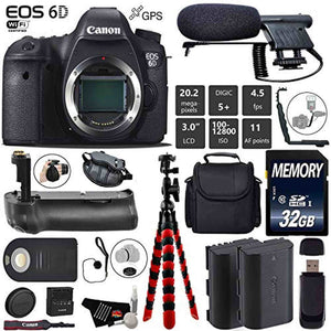Canon EOS 6D DSLR Camera Body Only + Professional Battery Grip + Condenser Microphone + Extra Battery + Case + Wrist S Canon