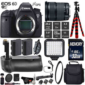 Canon EOS 6D DSLR Camera with 24-105mm is STM Lens + Professional Battery Grip + UV Protection Filter + LED Kit + Extra Canon